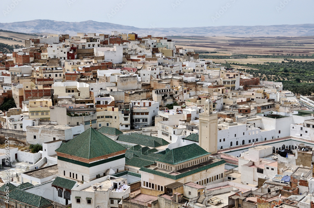 Moulay Idriss old town with mountains