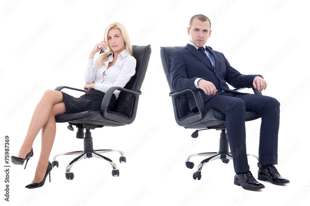 young business man and beautiful business woman sitting on offic young business man and beautiful business woman sitting on offic