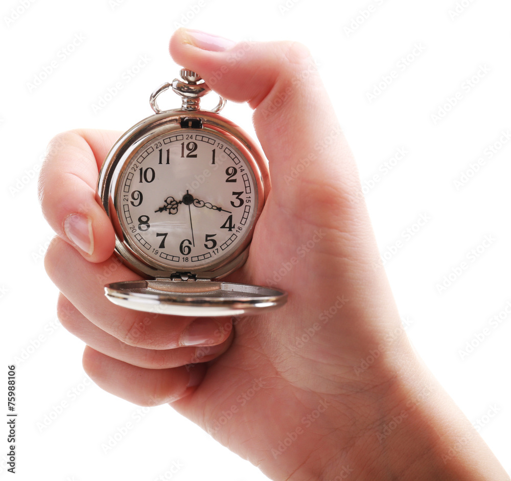 Silver pocket clock in hand isolated on white Silver pocket clock in hand isolated on white