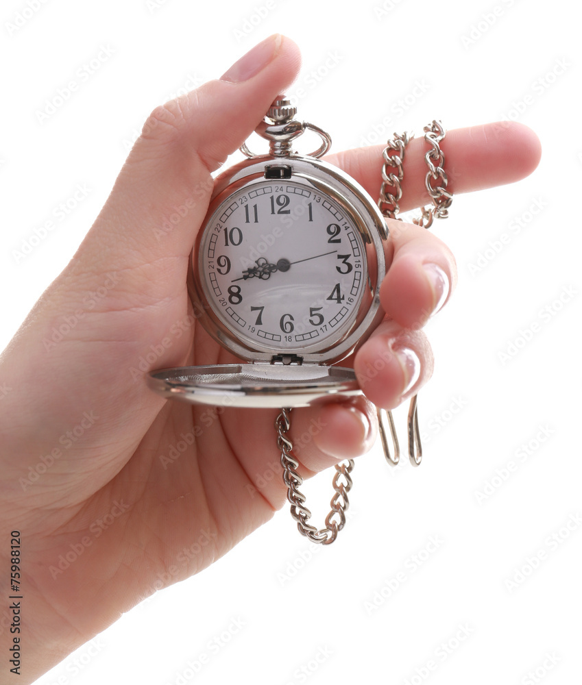 Silver pocket clock in hand isolated on white Silver pocket clock in hand isolated on white