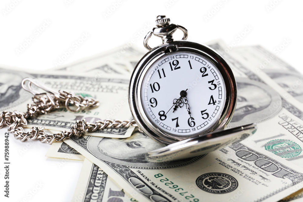 Silver pocket clock and money close-up. Time is money concept Silver pocket clock and money close-up. Time is money concept