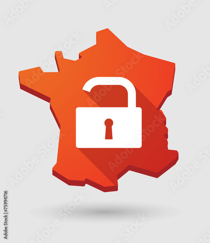 long shadow France map icon with an open lock pad