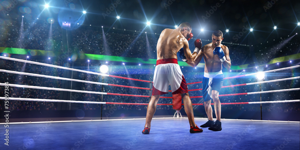 Two professionl boxers are fighting on arena - obrazy, fototapety, plakaty 