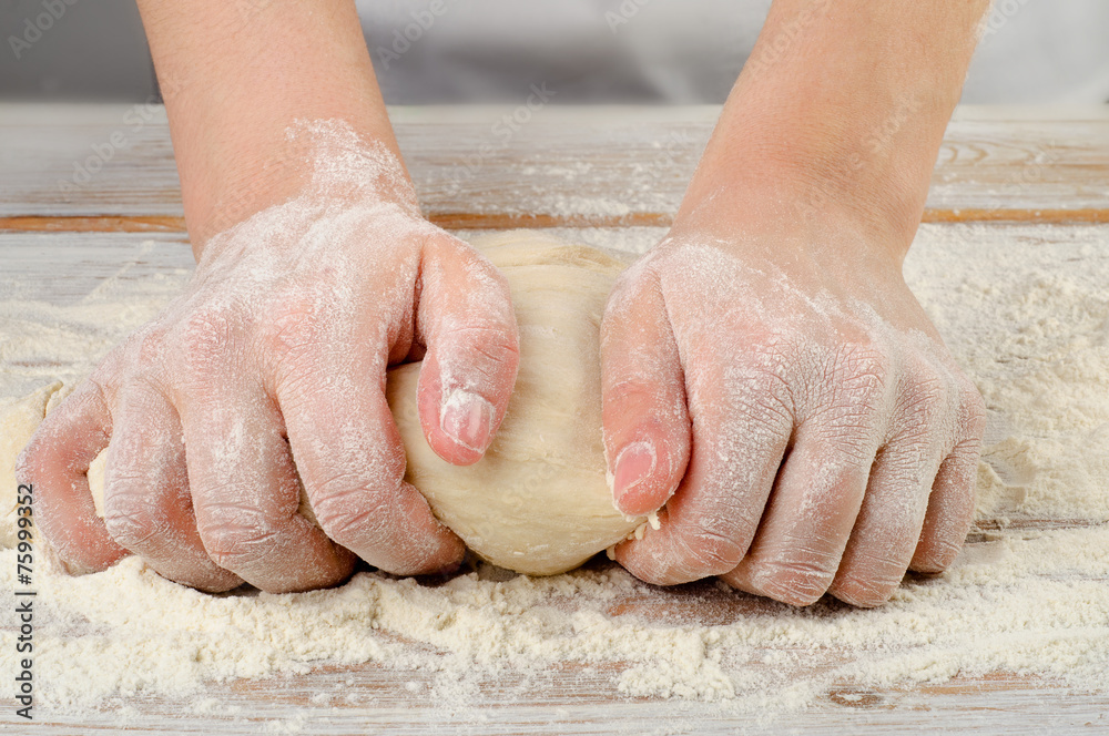 Woman Hands in flour  kneading dough
