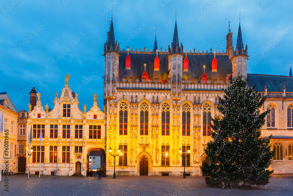 Cityscape with the picturesque Christmas Burg Square in Bruges