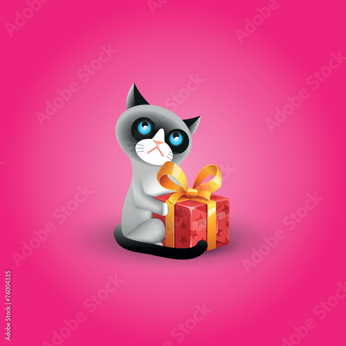 Vector illustration of cranky cat with red gift box