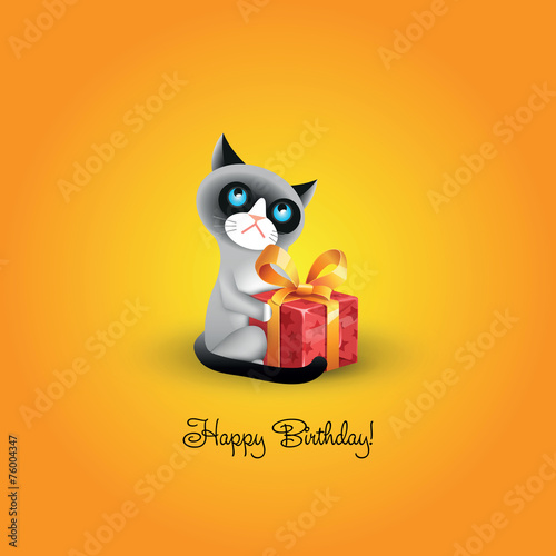 Vector illustration of cranky cat with red gift box and inscript