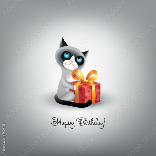 Vector illustration of cranky cat with red gift box and inscript