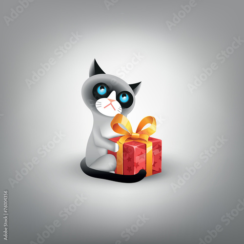 Vector illustration of cranky cat with red gift box