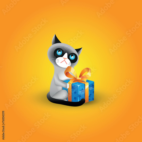 Vector illustration of cranky cat with blue gift box and yellow