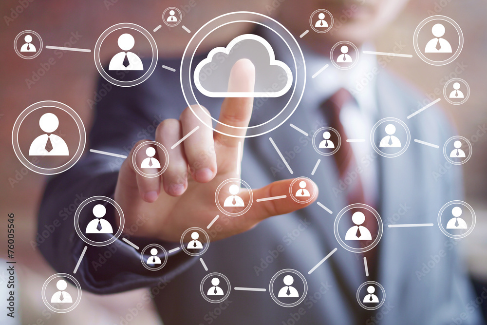 Businessman pushing virtual web button cloud icon Businessman pushing virtual web button cloud icon