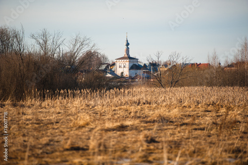 Old russian town landscape with church. View of Suzdal