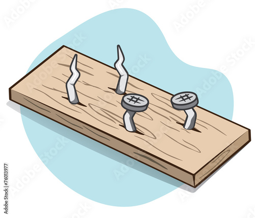 Piece of wood with exposed sharp nails.