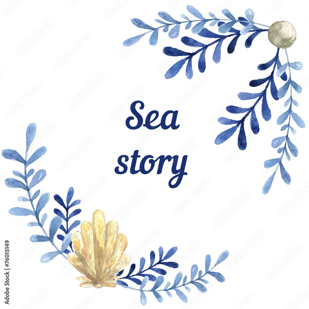 Hand drawn watercolor sea story card. With water plant and shell