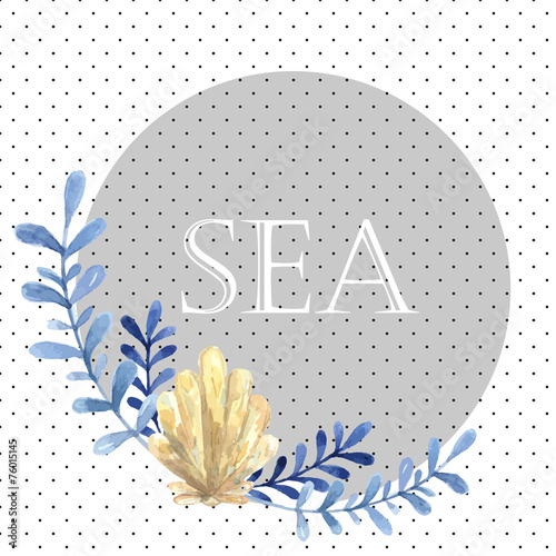 Hand drawn watercolor sea card. With water plant and shell. Blue