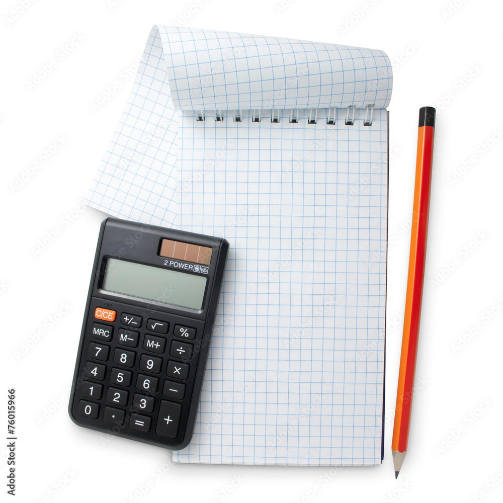 Calculator, pencil and notebook on white background with path Calculator, pencil and notebook on white background with path