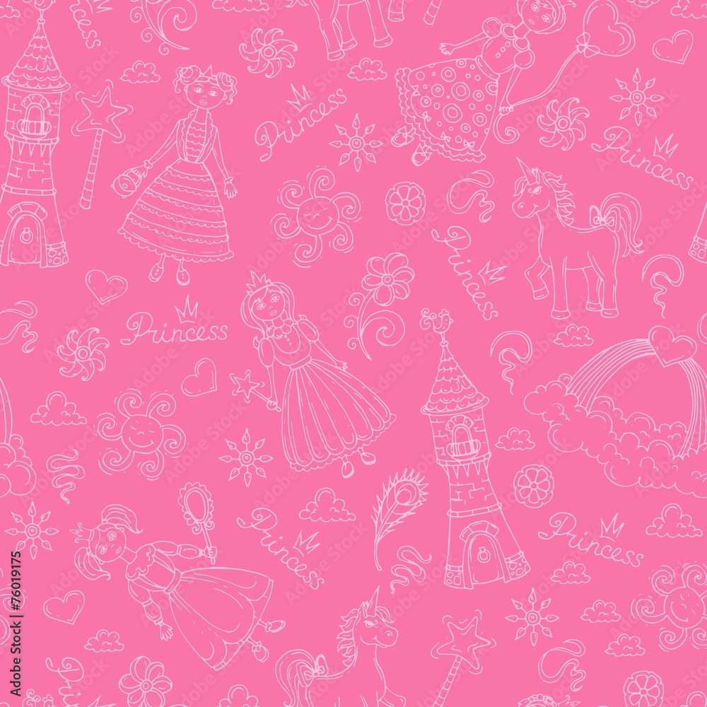 Vector pattern with symbols of little princess on pink color Vector pattern with symbols of little princess on pink color