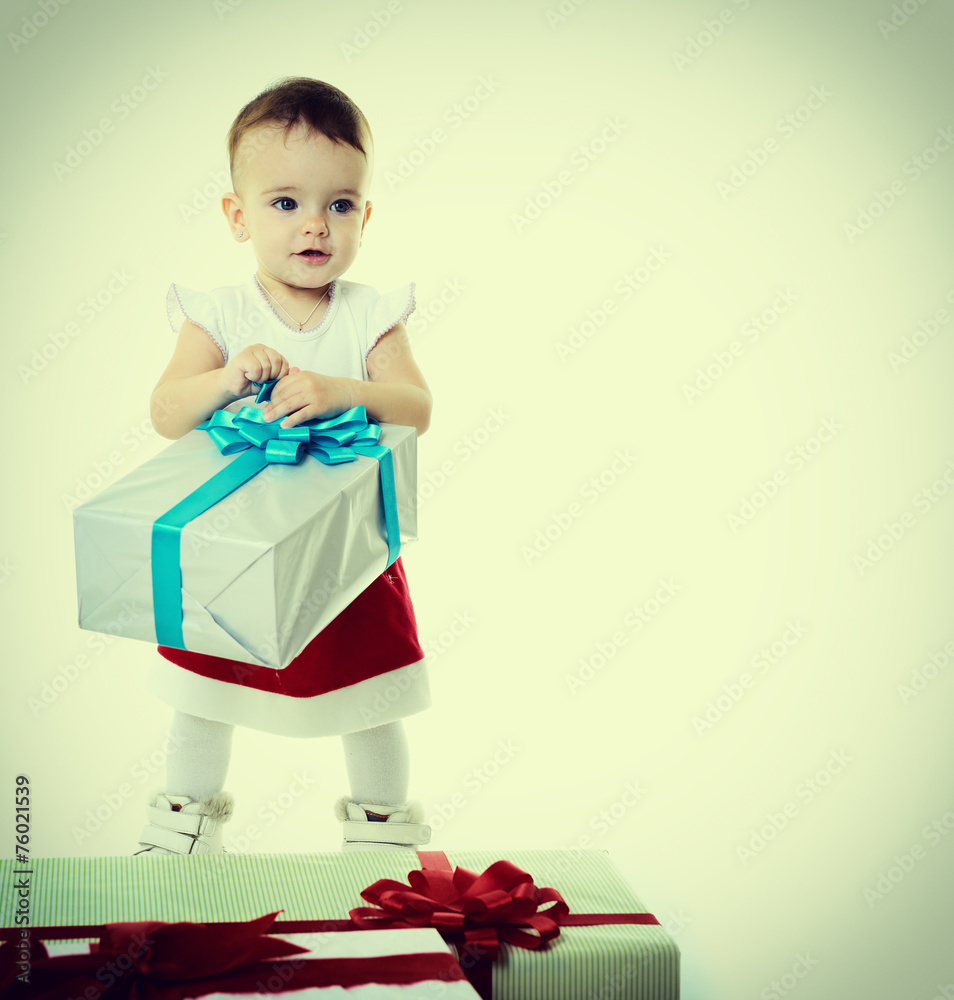 Holidays, baby girl with presents, christmas, birthday, new year Holidays, baby girl with presents, christmas, birthday, new year