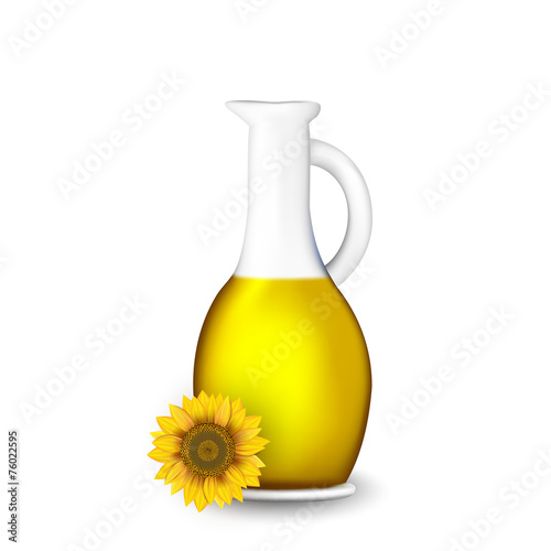 Bottle of sunflower oil with flower isolated on white