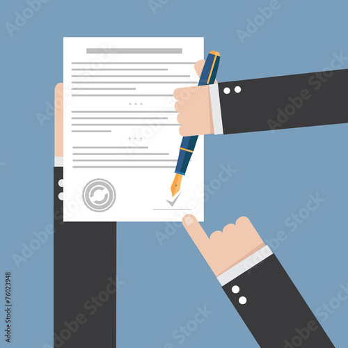 Vector agreement icon - hand signing contract on white paper