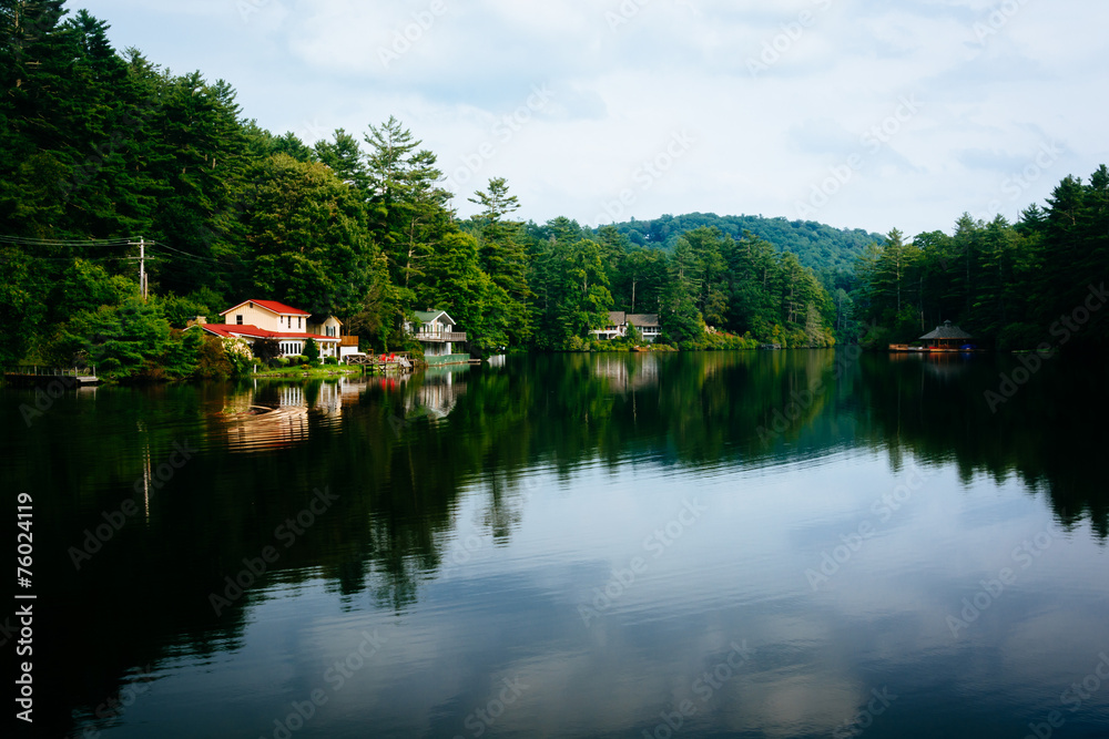 Trees and houses reflecting in Lake Sequoyah, Highlands, North C Trees and houses reflecting in Lake Sequoyah, Highlands, North C