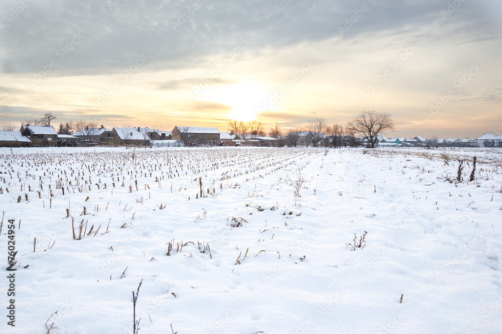 Fototapeta premium Rural village home in winter time