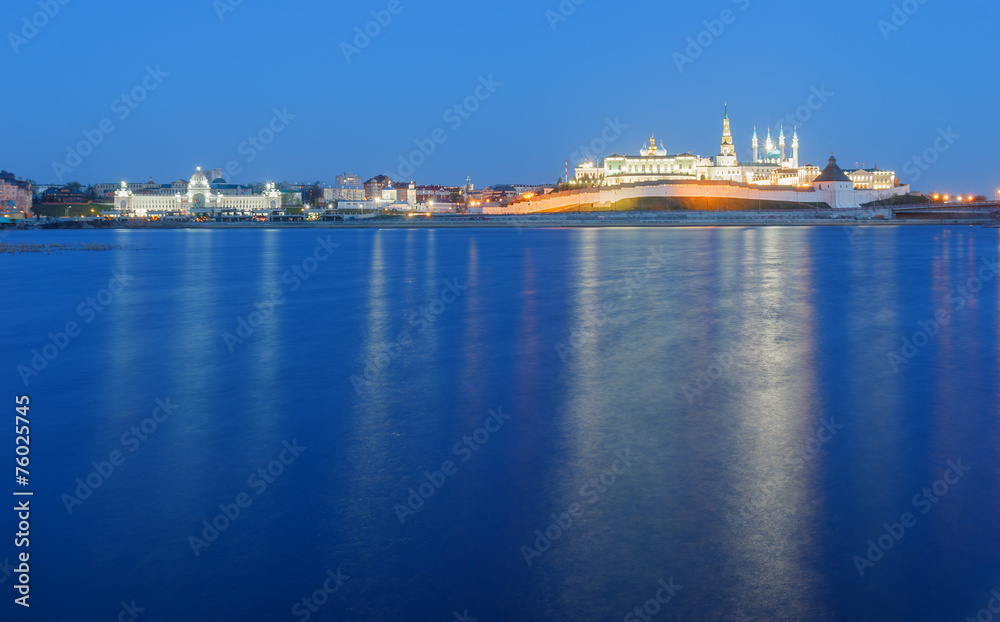 Kazan Kremlin by the river in the evening twilight