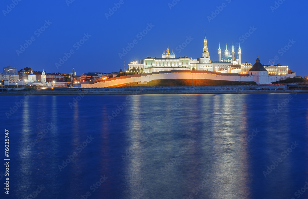 Kazan Kremlin by the river in the evening twilight