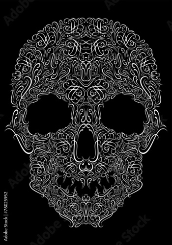 human skull from Floral elements on a black background