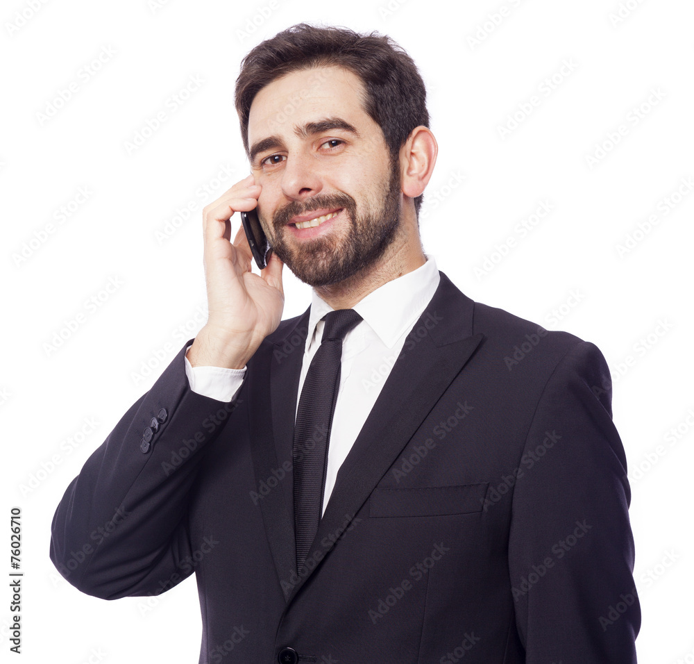 Handsome business man talking on the phone, isolated on white ba Handsome business man talking on the phone, isolated on white ba