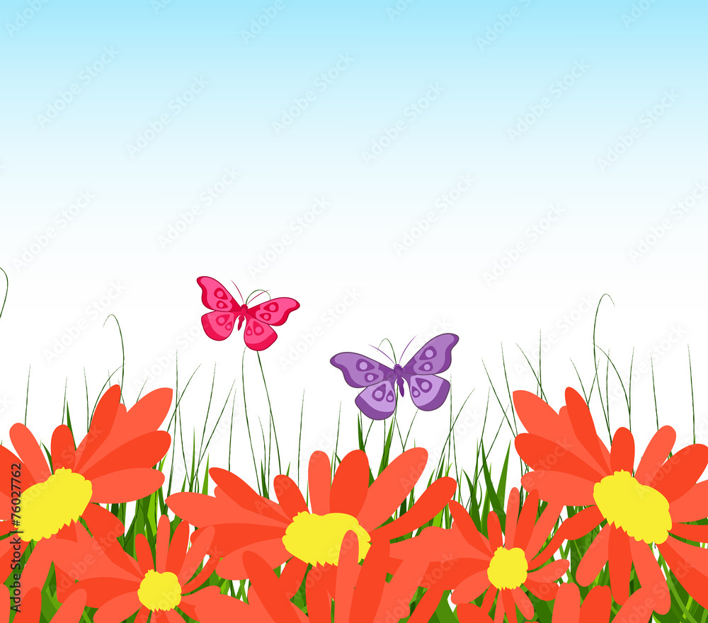 background with yellow sunflowers, green grass and butterflies