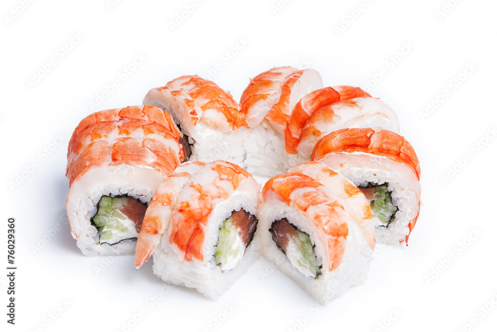 Sushi rolls maki with fresh salmon isolated on white Sushi rolls maki with fresh salmon isolated on white