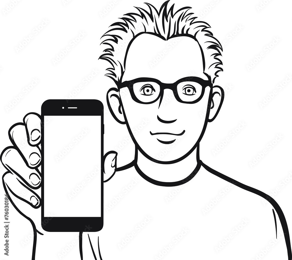 line drawing of a developer showing a mobile app on a smart phon Stock ...