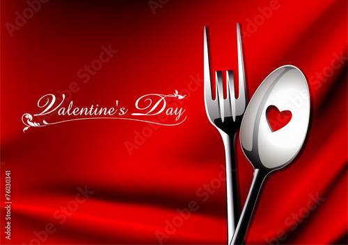 Vector of spoon and fork in love on red background