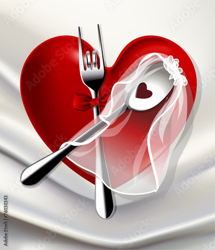 Vector of groom fork and bride spoon on red Heart Dinner Plate