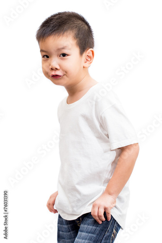 White T-shirt and blue jeans on a cute asian boy
