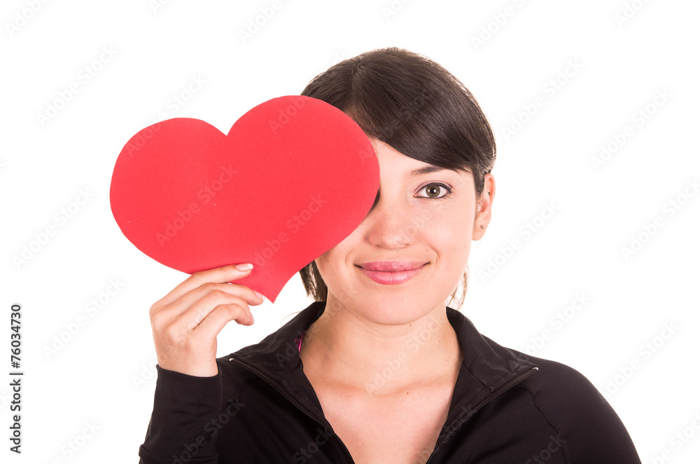 beautiful young latin happy girl holding red paper heart beautiful young latin happy girl holding red paper heart