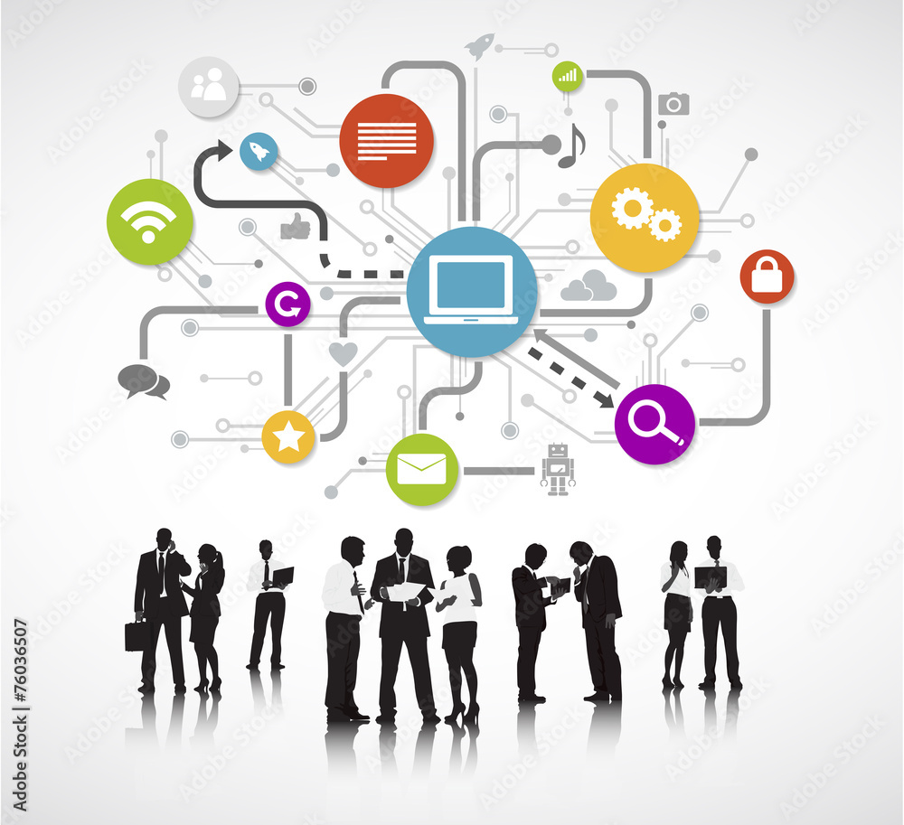 Group of Business People Meeting with Technology Symbol Group of Business People Meeting with Technology Symbol