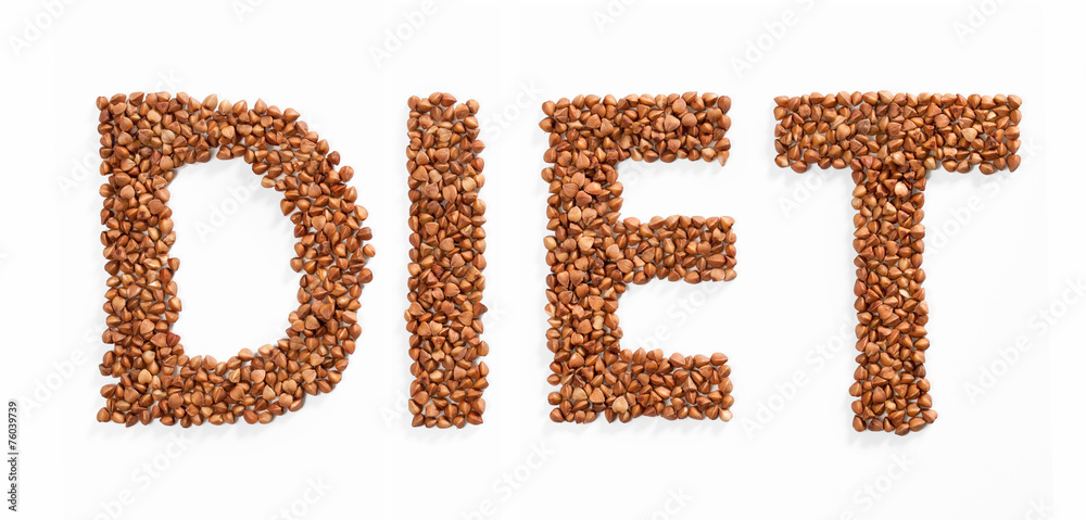 Word DIET composed of premium buckwheat groats on white Word DIET composed of premium buckwheat groats on white