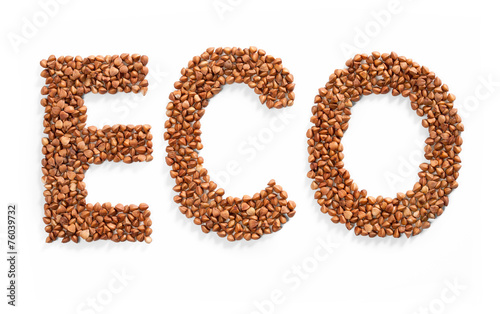 Word ECO composed of premium buckwheat groats on white