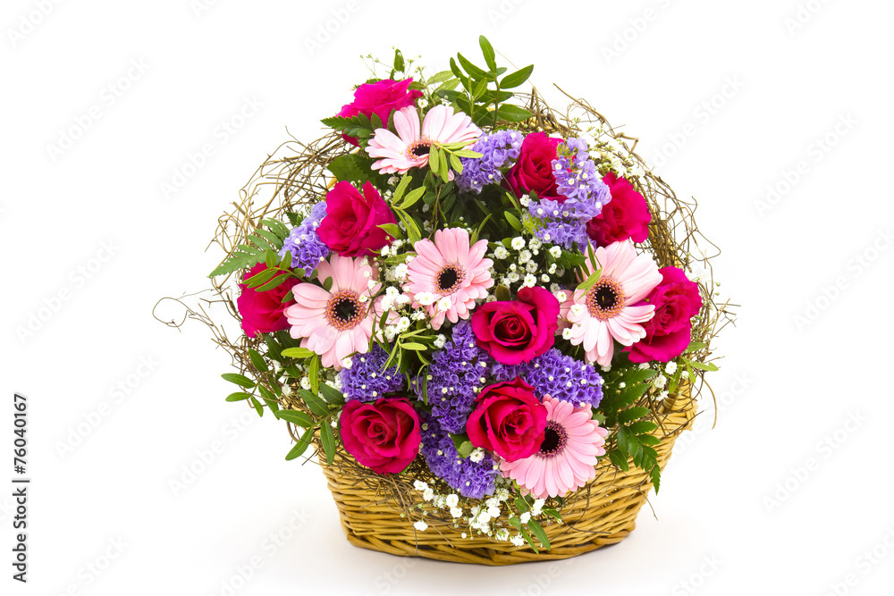 colourful flowers in a basket - obrazy, fototapety, plakaty 