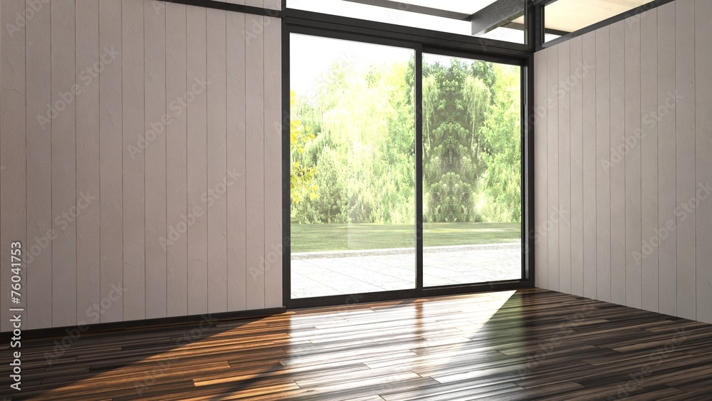Fototapeta premium Empty room with hardwood floor and timber walls