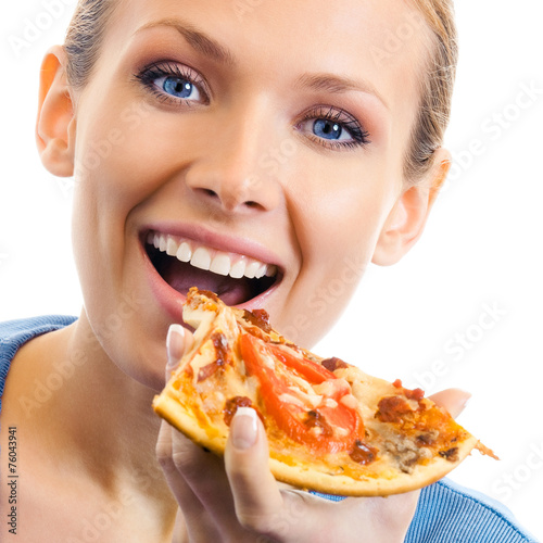 Woman eating pizza  over white
