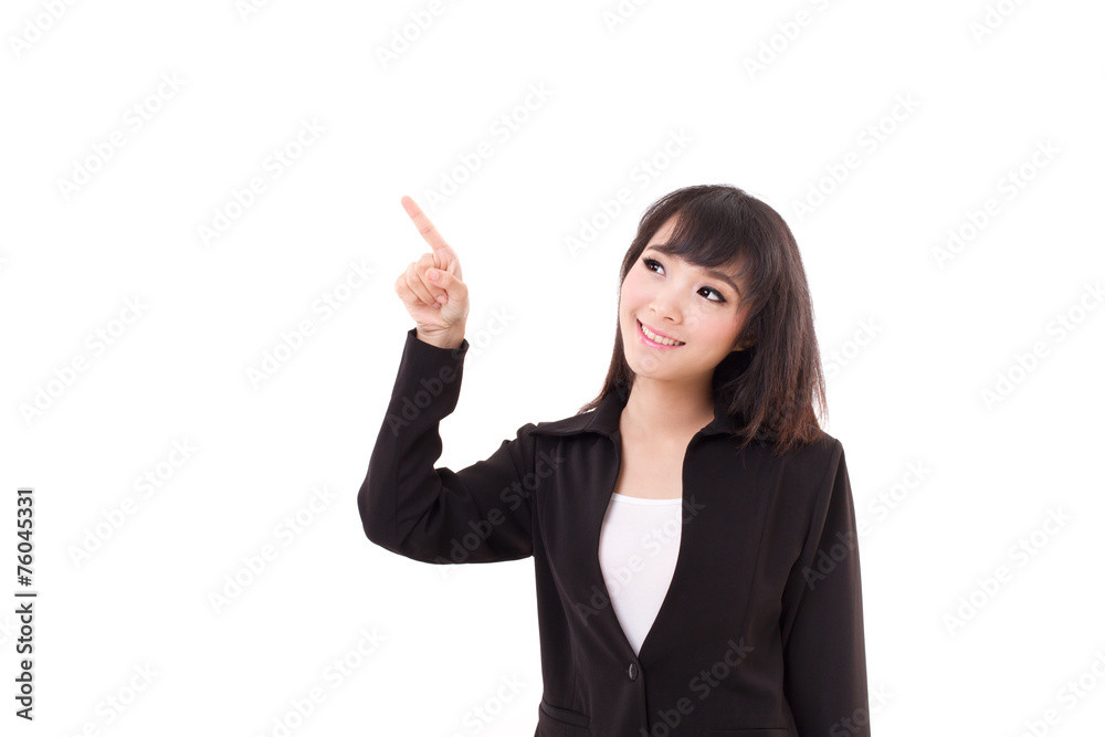 young business woman point her finger up to blank space young business woman point her finger up to blank space