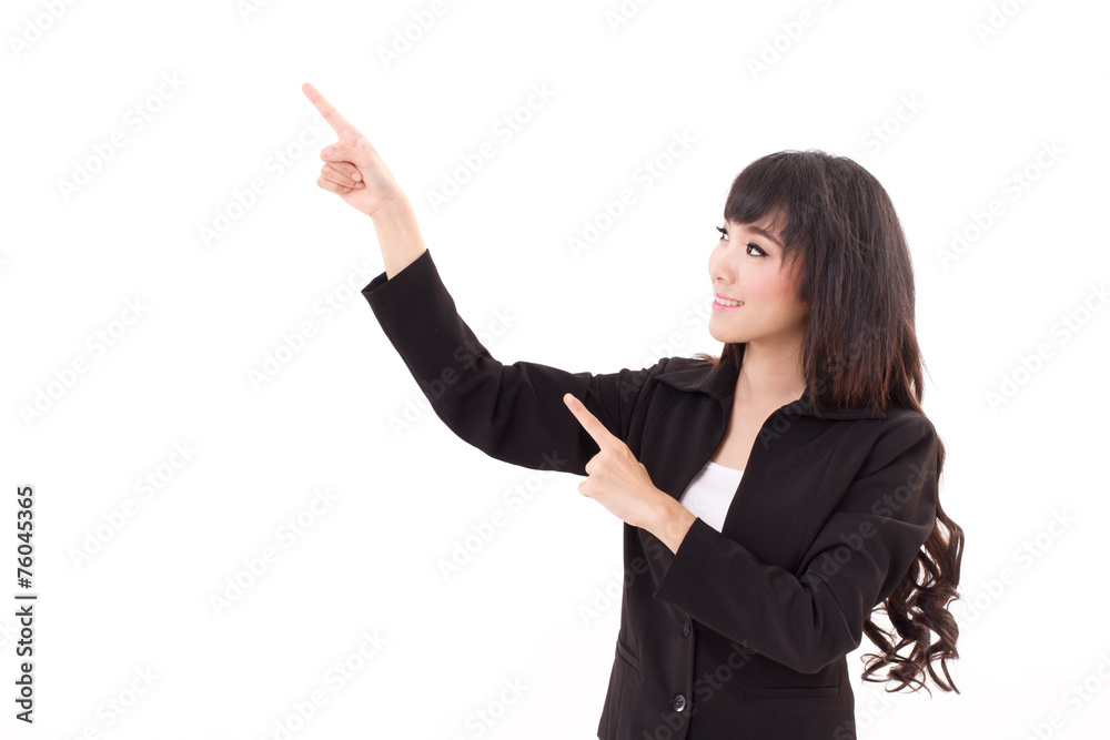 young business woman point her both hands up to blank space young business woman point her both hands up to blank space