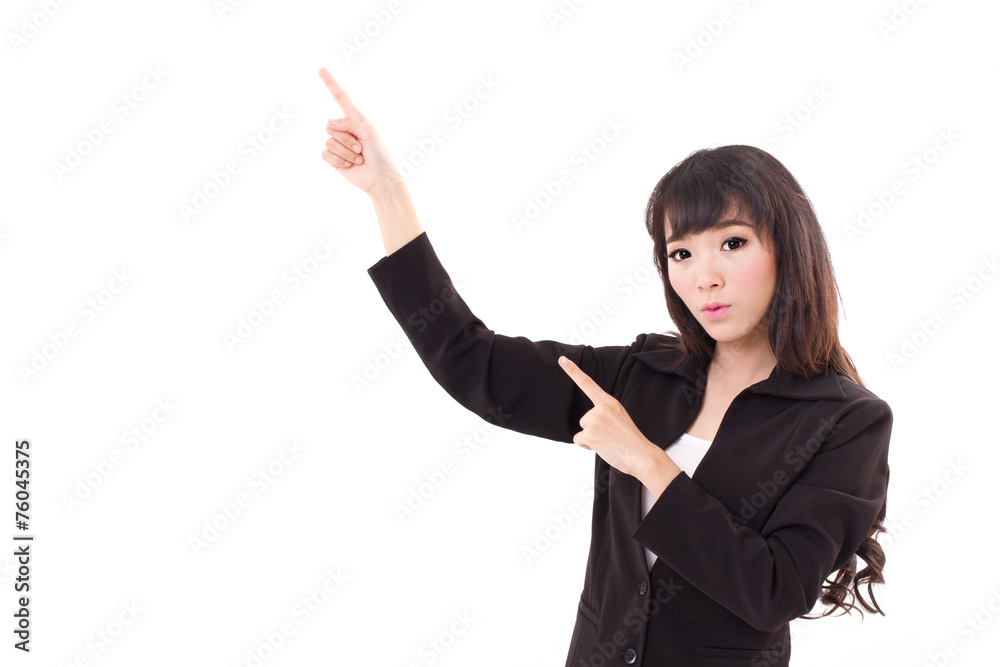 young business woman point her both fingers up to blank space young business woman point her both fingers up to blank space