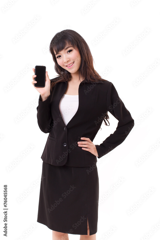 businesswoman showing smartphone, studio isolated businesswoman showing smartphone, studio isolated