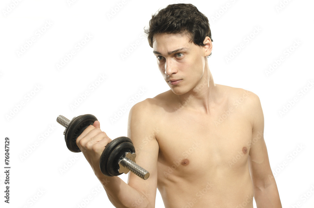 Skinny man training his bicep muscle with a dumbbell, fitness Skinny man training his bicep muscle with a dumbbell, fitness