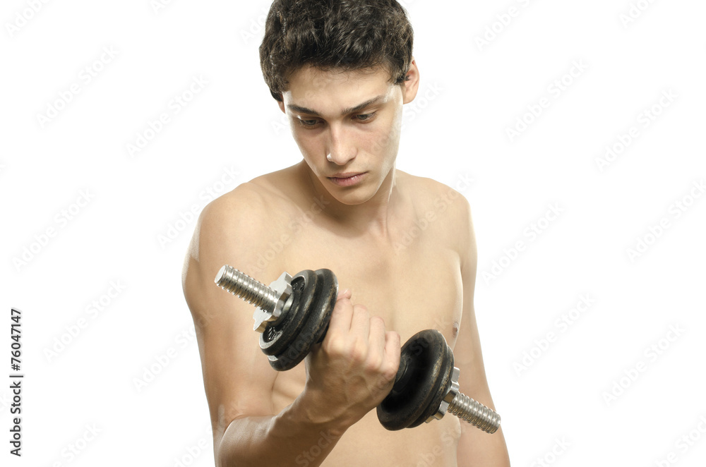 Skinny man training his bicep muscle with a dumbbell, fitness