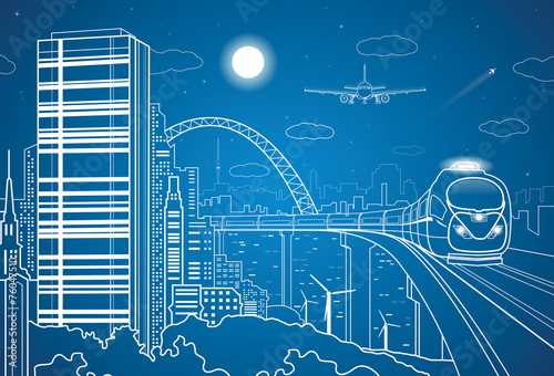 City transport panorama, airplane fly, train on the bridge